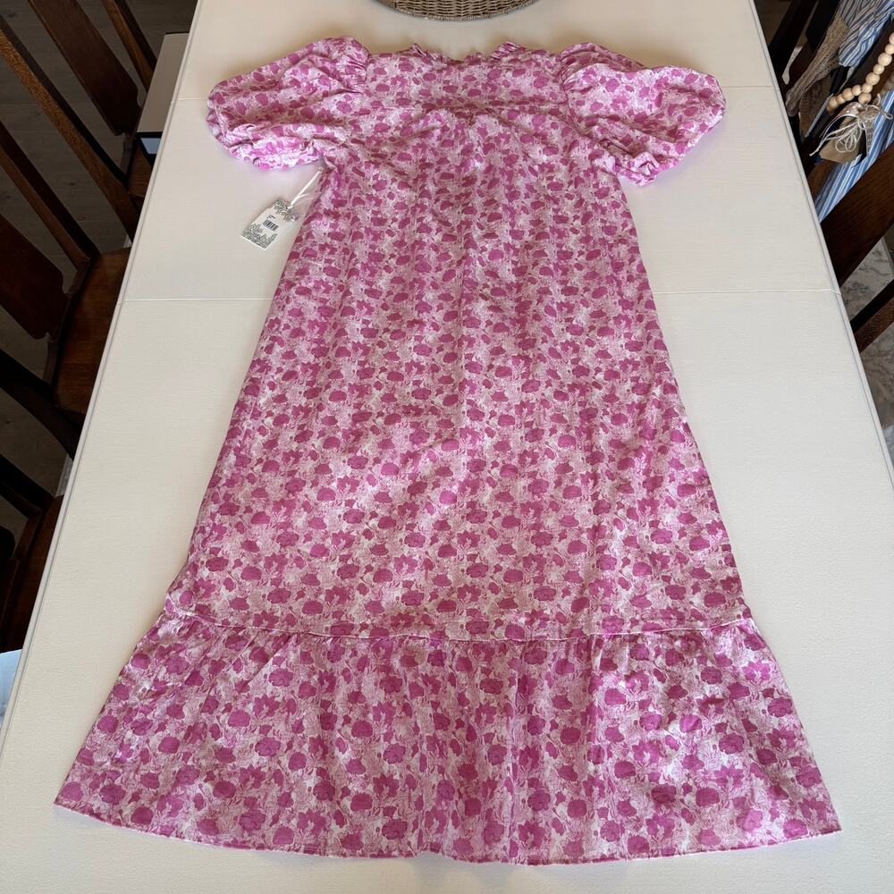 Tuckernuck New Hyacinth House Pink White Floral Midi Dress Size Medium Linen - Picture 7 of 12